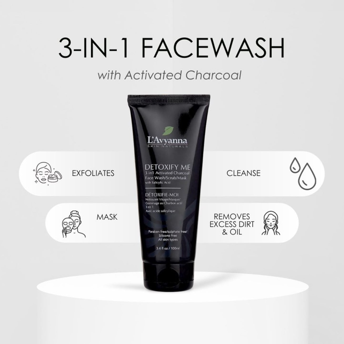 3 In 1 Activated Charcoal Face Wash/Scrub/Mask